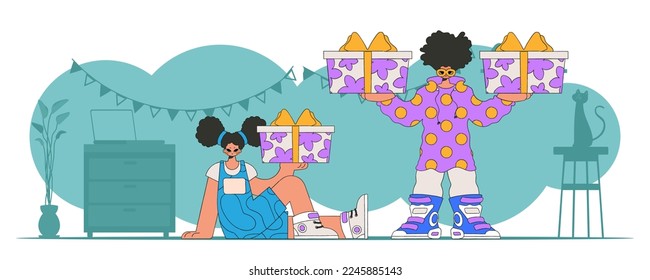 Boy and girl. holding a gift in his hand. trendy style. Holiday gift theme.