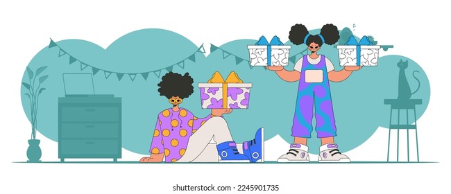 Boy and girl. holding a gift in his hand. trendy style. Holiday gift.