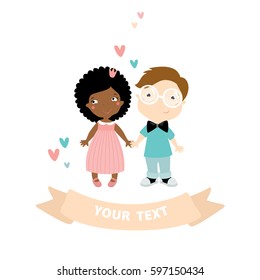 A boy and a girl are holding hands. The children are playing. African American girl and European boy. couple. Friendship of Peoples. little Princess. Student. pupils. Teenagers.