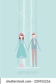 Boy and girl holding hands during winter time.