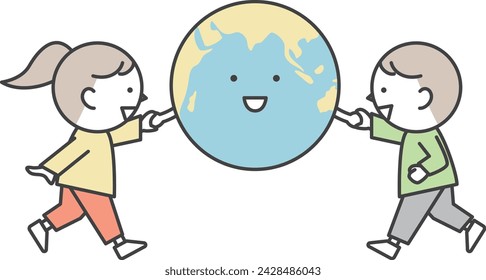 A boy and a girl holding hands with the earth. Image of global environmental protection.