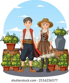 Niño y niña de la mano en el jardín