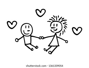 Boy and girl holding hands with a heart. Lovers. Character drawing.Vector graphics black and white.