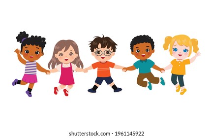Boy and girl holding hands and jumping together. Children clip art isolated on white background