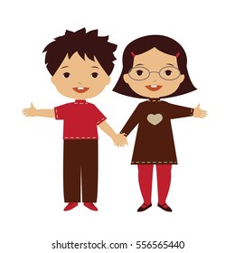 Boy and girl holding hands and smiling. Vector illustration.