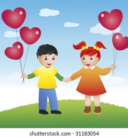 A boy and a girl holding hands are standing together on a green meadow. Several red heart-shaped balloons they are holding are up above against a bright blue sky