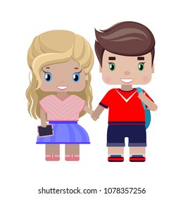 boy and girl holding hands, in summer clothes,with a backpack and a tablet (cell phone), smiling.in cartoon style