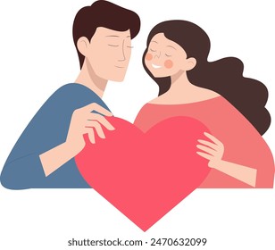 Boy and girl holding heart. Woman and man hugging. Dreaming couple. Boy and girl smiling. Couple holds heart. Cartoon girl and boy hold red heart. Flat vector illustration isolated on white background
