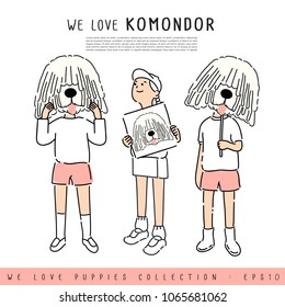 Boy and Girl Holding Komondor's face :  Vector Illustration