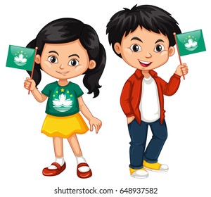 Boy and girl holding Macau flag illustration