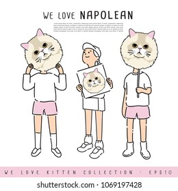 Boy and Girl Holding Napolean Cat's face :  Vector Illustration