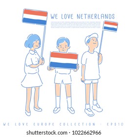 Boy and Girl Holding National Flag : Netherlands : Vector Illustration