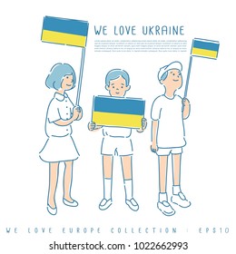 Boy and Girl Holding National Flag : Ukraine : Vector Illustration