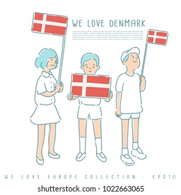 Boy and Girl Holding National Flag : Denmark : Vector Illustration