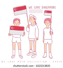 Boy and Girl Holding National Flag : Singapore : Vector Illustration