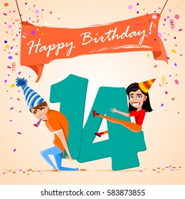 boy and girl holding the number 14 on a colorful background. banner "Happy Birthday". vector illustration. 