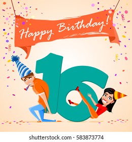 boy and girl holding the number 16 on a colorful background. banner "Happy Birthday". vector illustration. 