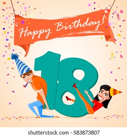 boy and girl holding the number 18 on a colorful background. banner "Happy Birthday". vector illustration. 