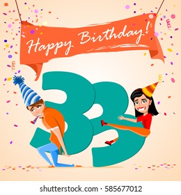 boy and girl holding the number 33 on a colorful background. banner "Happy Birthday". vector illustration. 