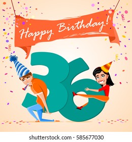 boy and girl holding the number 36 on a colorful background. banner "Happy Birthday". vector illustration. 
