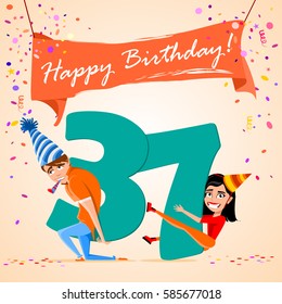 boy and girl holding the number 37 on a colorful background. banner "Happy Birthday". vector illustration. 