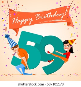 boy and girl holding the number 59 on a colorful background. banner "Happy Birthday". vector illustration.