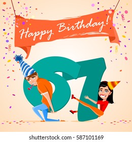 boy and girl holding the number 67 on a colorful background. banner "Happy Birthday". vector illustration.