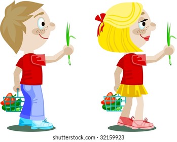 Boy and girl are holding onion