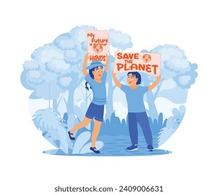 Boy and girl holding a poster, my future is yours. I am calling to protect the earth from global warming and waste and save the planet concept. Trend Modern vector flat illustration