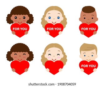 A boy and a girl holding a red heart. Vector illustration set. 