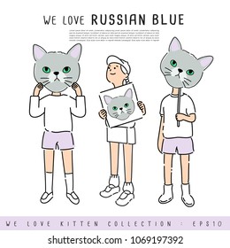 Boy and Girl Holding Russian blue Cat's face :  Vector Illustration