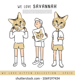 Boy and Girl Holding Savannah Cat's face :  Vector Illustration