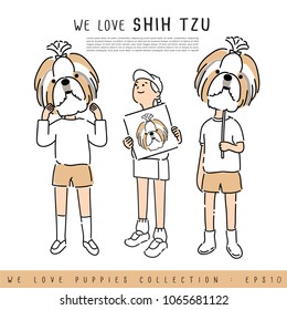 Boy and Girl Holding Shih Tzu's face :  Vector Illustration