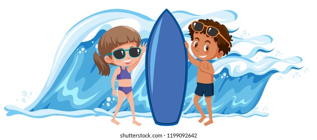 Boy and girl holding the surfboard illustration