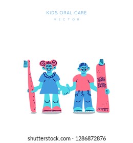 Boy and girl holding teeth brush and toothpaste scene.
Kids oral care vector set. Dental hygiene for child illustration. Colourful background.