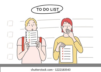 The boy and the girl are holding a to-do list. hand drawn style vector design illustrations. The boy and the girl are holding a to-do list. hand drawn style vector design illustrations.