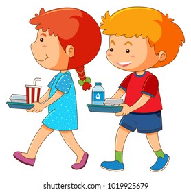 Boy and girl holding tray of food illustration