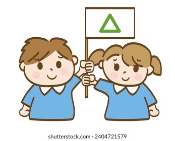 Un niño y una niña sostienen una bandera triangular con hermanos de niños de una escuela infantil