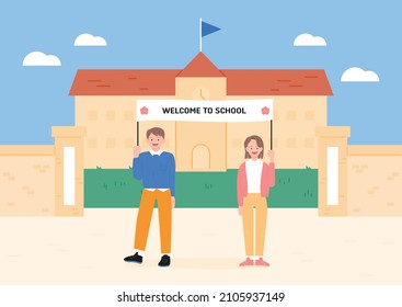 Boy and girl holding welcome banner. There is a school building in the background. flat design style vector illustration.