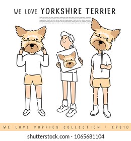 Boy and Girl Holding Yorkshire Terrier's face :  Vector Illustration