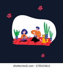 Boy and girl are at home. Stay home concept vector illustration. Children playing with toys 