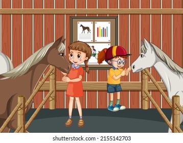 A boy and girl with a horse at stable scene illustration