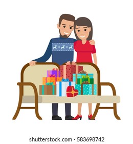 Boy and girl hug each other, smile and look at big bunch of Christmas gifts, which lies on sofa on white background. Illustration of love and Christmas spirit. Valentines-themed vector