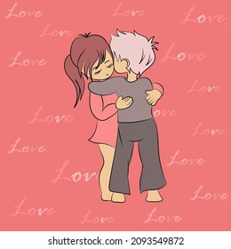 a boy and a girl hug on the day of love. Vector illustration of hugging children. Hugs on Valentine's Day