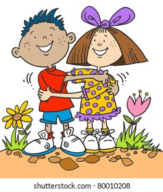 Boy and Girl Hugging in a Garden