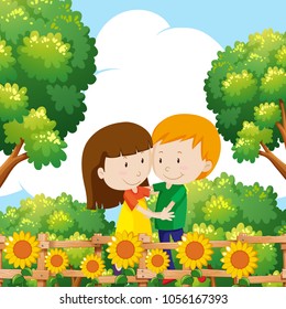 Boy and girl hugging in garden illustration