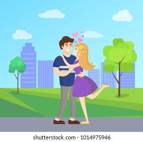 Boy and girl hugging with hearts showing love and passion, vector on background of skyscrapers in park background, girlfriend in green dress rise leg up