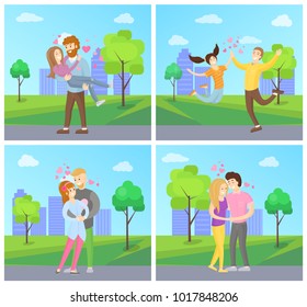 Boy and girl hugging with hearts showing love and passion, merrily jumping vector in green park, city area landscape trees and bushes posters set
