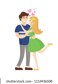 Boy and girl hugging with hearts showing love and passion, vector illustration isolated on white background, girlfriend in green dress rise leg up