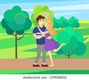 Boy and girl hugging with hearts showing love and passion, vector isolated in green park, rural landscape with trees and bushes, spring or summer day